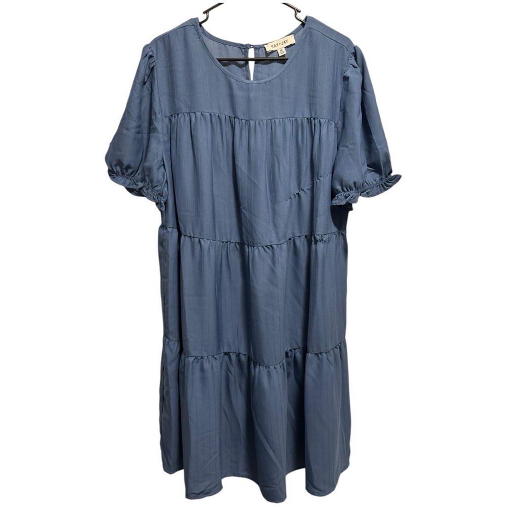 NWT Kay + Jay Blue Tiered Mini Dress with Puff Sleeves Scoop Neck 1X